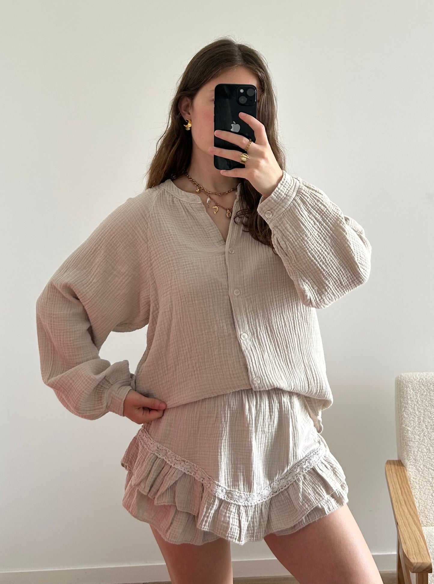 Jupe-short gaze de coton LINE beige