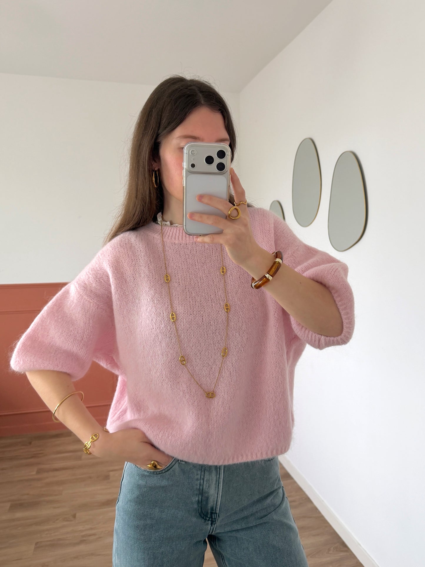 Pull manches courtes LANA rose clair