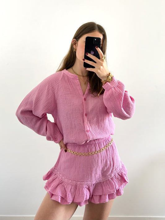 Jupe-short gaze de coton LINE rose