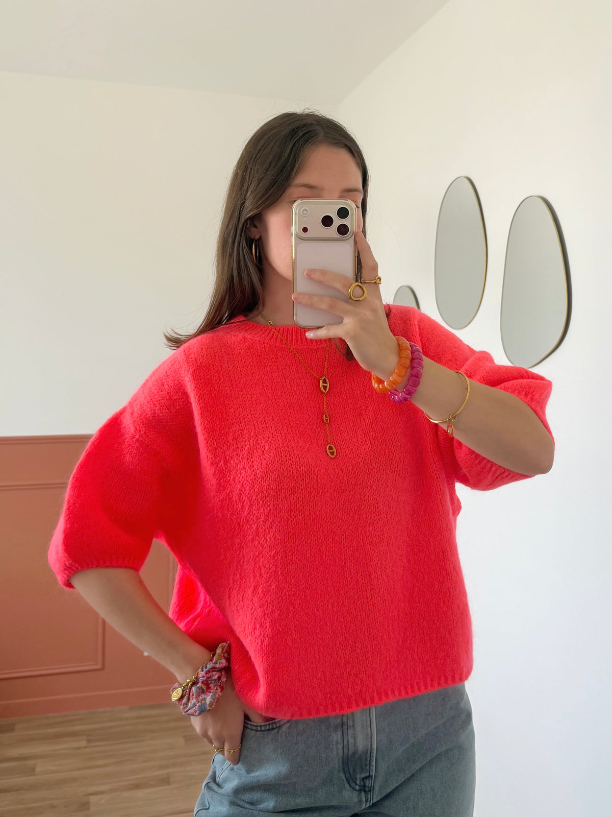 Pull manches courtes LANA corail fluo