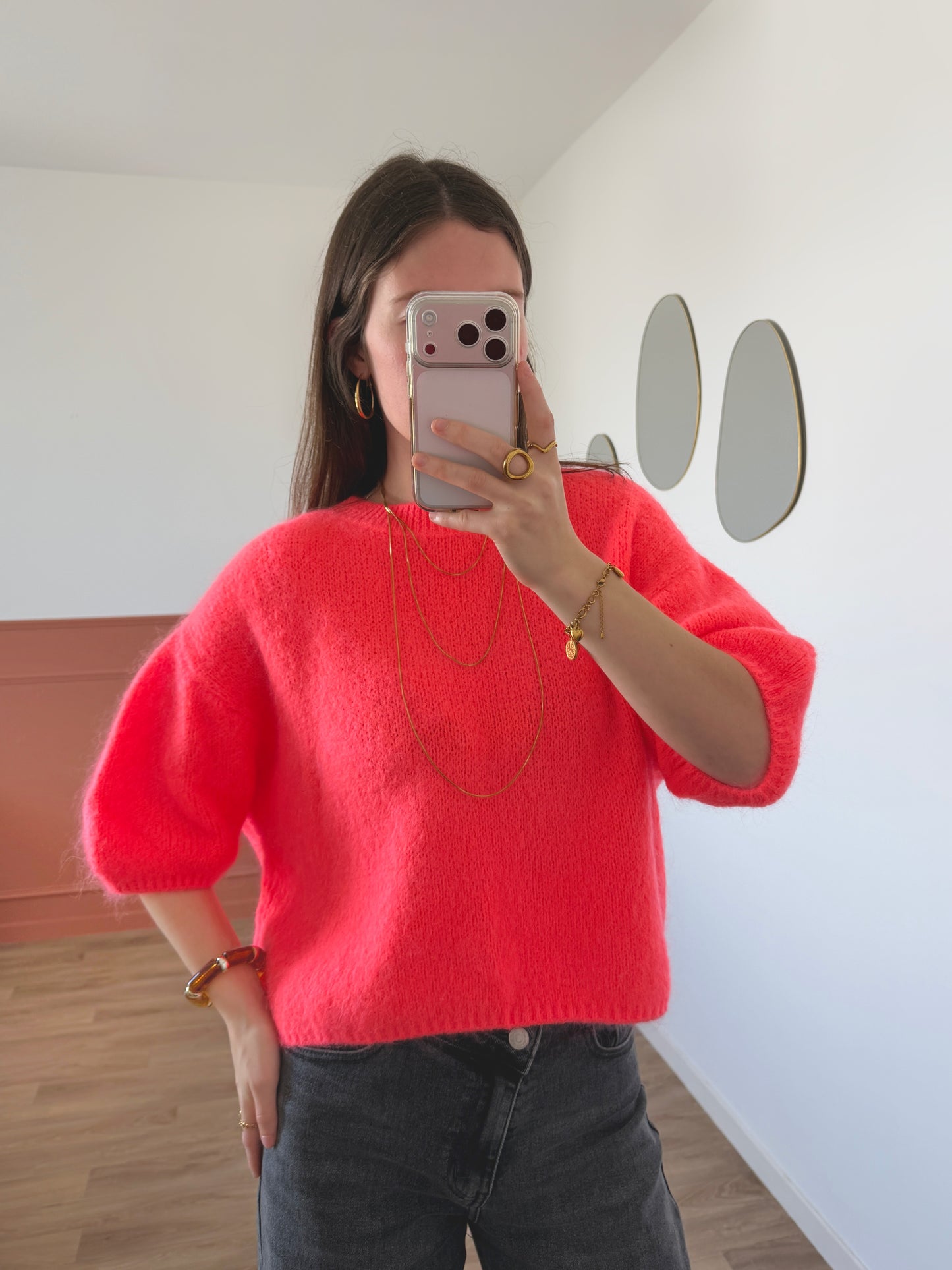 Pull manches courtes LANA corail fluo