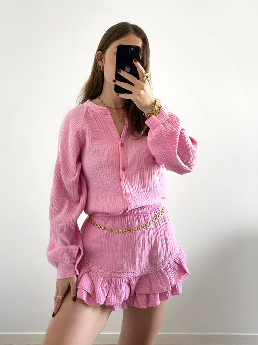 Jupe-short gaze de coton LINE rose
